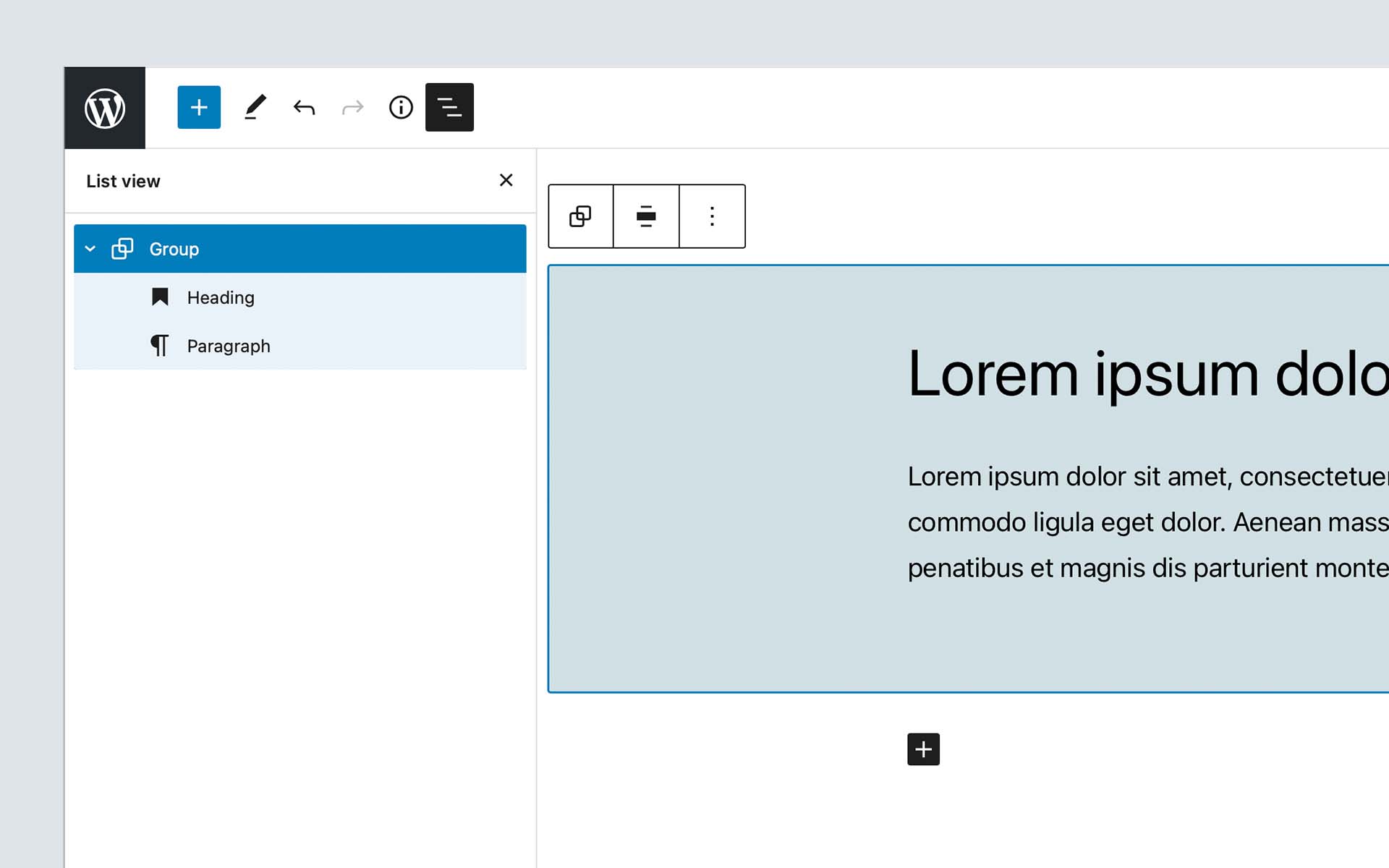 Editor List View showing a Core Group block with a Heading and Paragraph nested within.